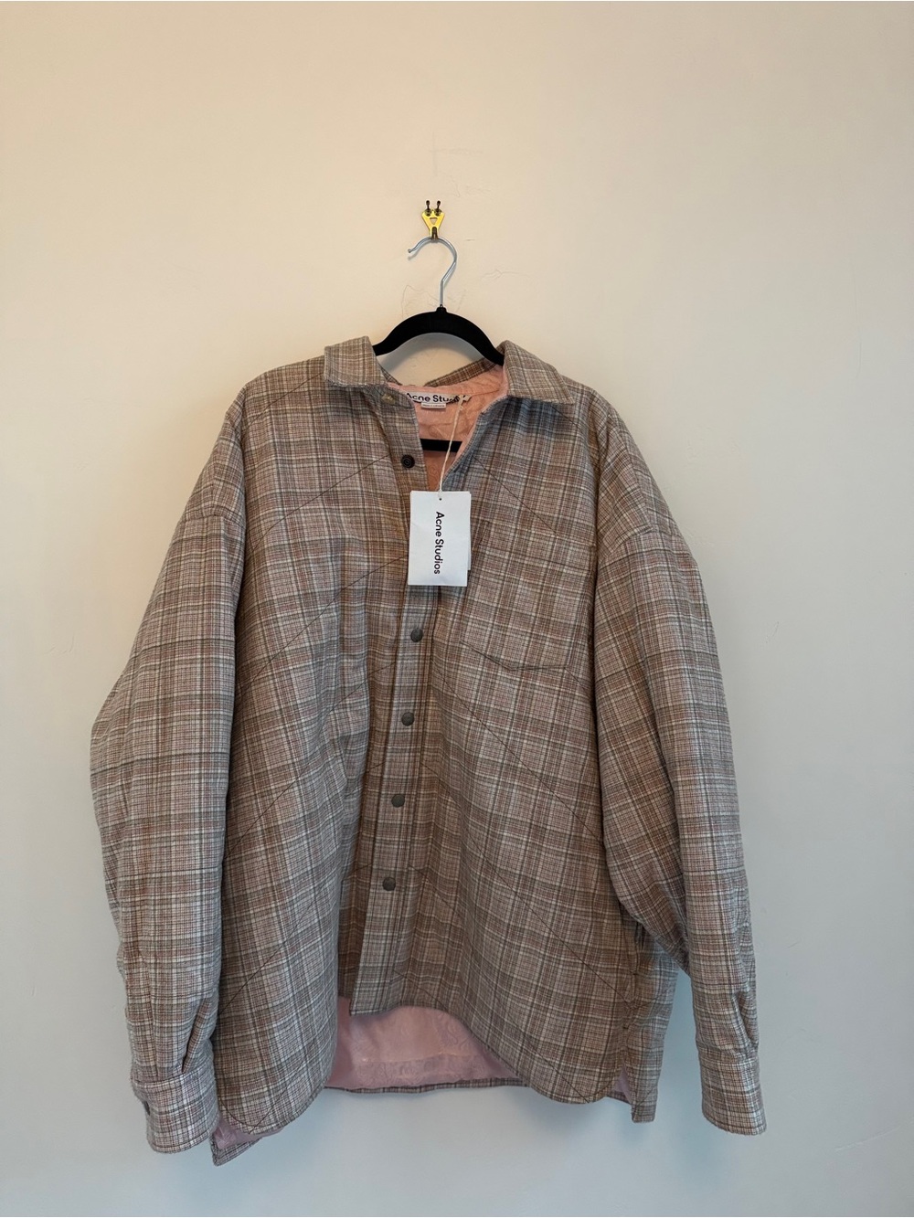 Acne Studios Plaid Button-Up Shacket in Beige & Pink